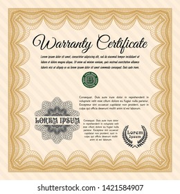 Orange Formal Warranty Certificate template. Artistry design. Complex background. Vector illustration. 