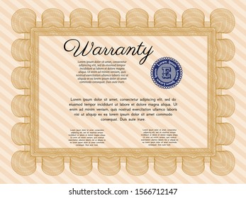 Orange Formal Warranty Certificate template. Money design. Customizable, Easy to edit and change colors. With guilloche pattern and background. 