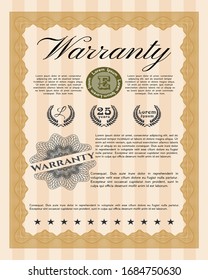 Orange Formal Warranty Certificate template. Vector illustration. With guilloche pattern and background. Good design. 