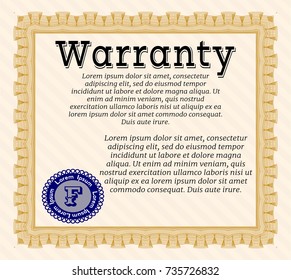 Orange Formal Warranty Certificate template. With linear background. Detailed. Excellent design. 