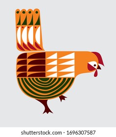 An orange fowl is looking ahead