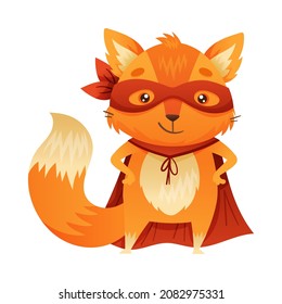 Orange Fox Animal Character Superhero Dressed in Mask and Red Cape or Cloak Standing Vector Illustration