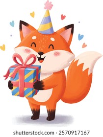 an orange fox animal clown vector carrying a birthday present