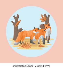 Orange Fox Animal Couple Flat Vector Colorful with Autumn Nature Background Elements