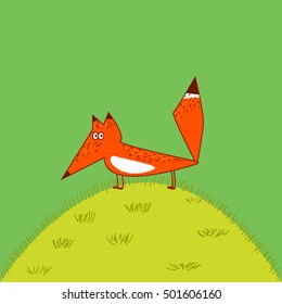 Orange Fox big tail cute funny cartoon style to stand on the grass vector illustration svg