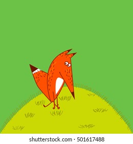 Orange Fox big tail thoughtfully amusing cartoon style to sit upright on a grass green background, vector illustration svg