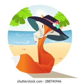Orange fox in a blue hat in the style of origami, which tans on the beach. Vector. Tropical the beach with green palm trees, sunshine and water with foam. For poster, card, advertisement, wallpaper.