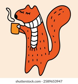 Orange fox with cup of tea, scarf, children's doodle illustration with fox on beige background, character