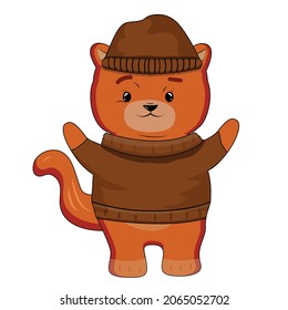 The orange fox is dressed in warm clothes, which wants to hug and opens its arms. Cartoon style. Sly animal. Children's picture. Sticker. White background. Isolated. Stock Vector illustration.