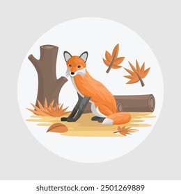 Orange Fox Flat Vector Colorful with Autumn Nature Background Elements