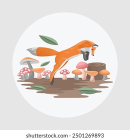 Orange Fox Flat Vector Colorful with Nature Background Elements