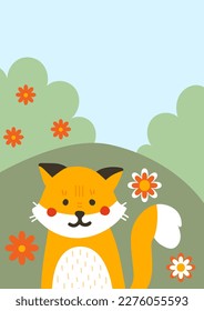 zorro naranja en un cartel forestal. Un animal encantador se sienta en una colina con arbustos y flores. Plantilla, disposición y burla. Flora y fauna, naturaleza y vida silvestre. Dibujo vectorial plano de dibujos animados