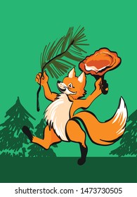 Orange fox in forest vector illustrations for children art on green background