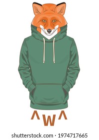 An orange fox in a green sweatshirt or hoodie. Vector print illustration for sweatshirts, sweatshirts, t-shirts, posters, cards, pet supplies