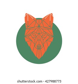 Orange fox head geometric lines silhouette isolated on green and white background. Abstract geometric polygonal triangle illustration for use in design for card, invitation, poster, banner.