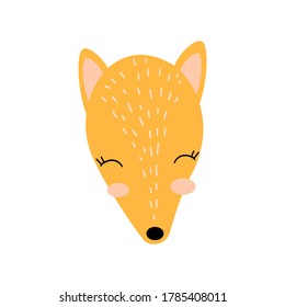 Orange Fox on a white background. Fox in cartoon style. Vector isolated illustration with a wild animal. Printing on mugs, postcards, invitation cards. Doodle style. 
