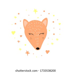 Orange Fox with stars on a white background. Fox in cartoon style. Vector isolated illustration with a wild animal. Printing on mugs, postcards, invitation cards. Doodle style. 