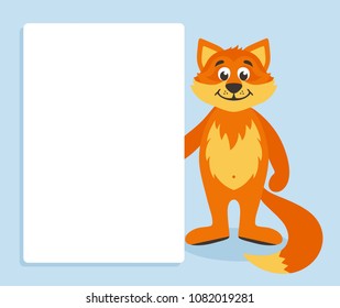 Orange fox with white board. Template for your text. Cartoon character with white banner. Place your text on blank sheet. Vector illustration.