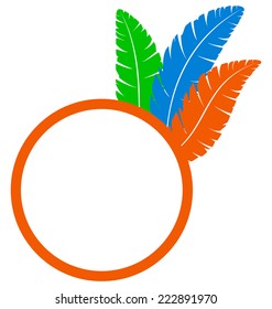 Orange frame with multicolored feathers isolated on white background
