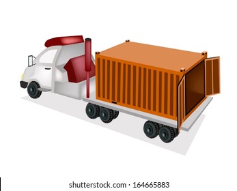 An Orange Freight Container on The Back of A Flatbed Truck, Tractor Trailer or Flatbed Articulated Lorry for Trucking Products and Materials from Overseas Shipping. 
