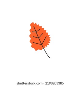 Orange Fresh Autumn Leaf With Veins. Fall Aspen Foliage Season. Decorative Botanical Item. Simple Single Quaking Aspen Leaf Silhouette. Hand Drawn Flat Vector Illustration Isolated On White Background