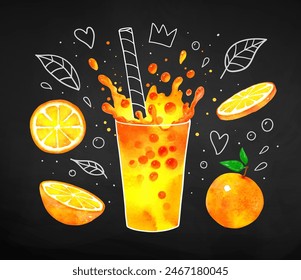 Orange fresh Bubble Tea with splash crown hand drawn vector illustration with fruit and line art doodles on chalkboard background