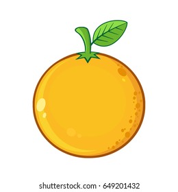 Orange Fresh Fruit With Green Leaf Cartoon Drawing. Vector Illustration Isolated On White Background