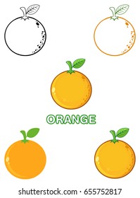 Orange Fresh Fruit With Green Leaf Cartoon Drawing 2.  Set Vector Collection Isolated On White Background