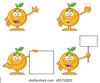 Orange Fresh Fruit With Green Leaf Cartoon Mascot Character 1. Set Vector Collection Isolated On White Background