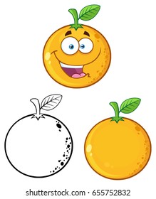 Orange Fresh Fruit With Green Leaf Cartoon Drawing 3.  Set Vector Collection Isolated On White Background