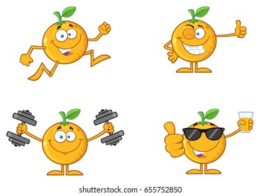 Orange Fresh Fruit With Green Leaf Cartoon Mascot Character 3. Set Vector Collection Isolated On White Background
