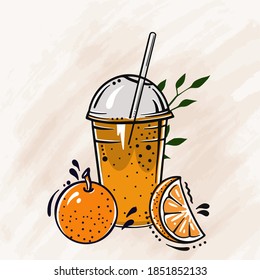 orange fresh fruit juice in a plastic glass for juice, sketch for your design, juice diet, healthy food, healthy lifestyle, cocktail, orange slices and whole fruit