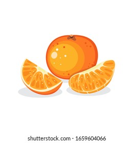Orange frische Früchte einzeln auf Stück und aufgeschnittene Vektorillustration auf bearbeitbarer  einzeln auf weißem Hintergrund