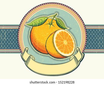 Orange fresh fruits.Vintage label illustration on old paper for text