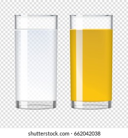 Orange fresh juice and pure water in a glass. Transparent realistic vector illustration.