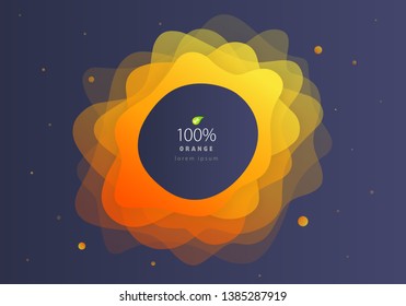 Orange fresh juice and splash fluid citrus fruit. Abstract flat shape liquid on dark futuristic space background. Modern vector illustration design layout