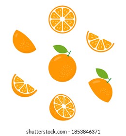 Orange fresh slices icon set. Citrus vitamin c vector illustration isolated on white background. Healthy food concept.