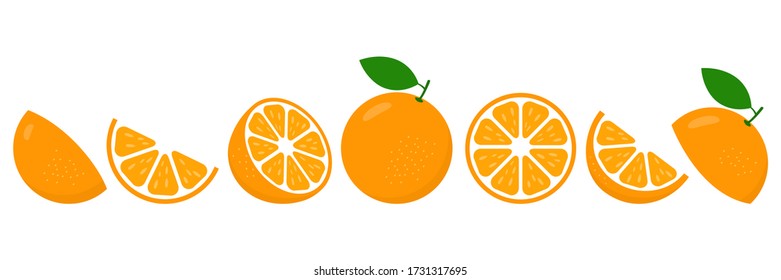 Orangefarbene, frische Scheiben. Cut Orangen Fruchtschnitt für Limonadensaft oder Vitamin C Logo. Citrus Icons Vektorbild isoliert auf weißem Hintergrund.