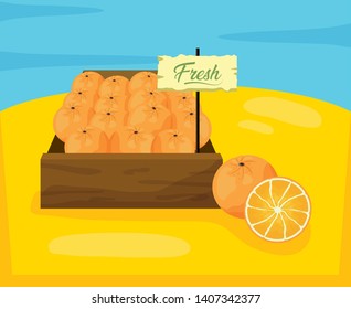 orange fresh tropical fruits in wooden box vector illustration