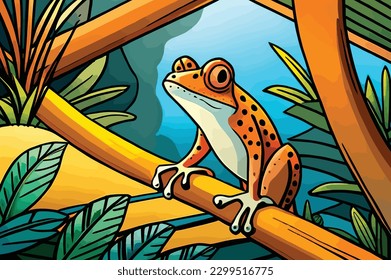 the orange frog is on a tree in the forest.
