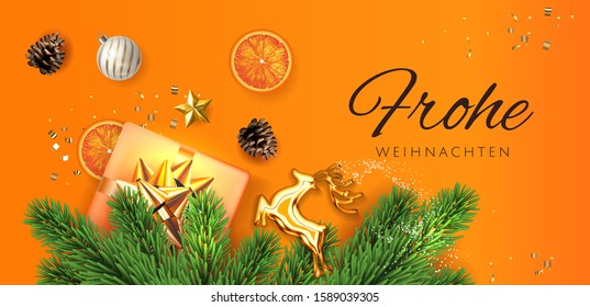 Orange Frohe Weihnachten translate Merry Christmas Holiday horisontal poster illustration with realistic vector 3d gift under the christmas tree top view, golden deer, and christmas elements. Vector