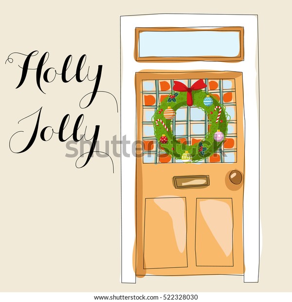 Orange Front Door Holiday Wreath Christmas Stock Vector Royalty