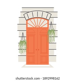 orange front door with plants hanging design, House home entrance decoration building theme Vector illustration
