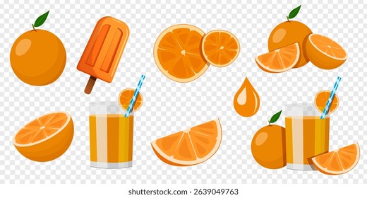 orange fruirs,slices,ice cream popsicle,juice glasses and orange juice drop icons,sticker and symbols isolated on transparent background vector illustration.