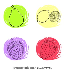Orange fruit with abstract circle round background. Concept for eco healthy organic food. Print sketch cartoon line art hand drawn vector illustration
