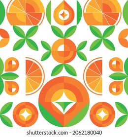 Fondo de fruta naranja con simboles geométricos abstractos de fruta, hoja, zumo. Patrón de frutas tropicales exóticas. Textura moderna creativa para el embalaje, papel, papel de pared, textil, tela, identidad