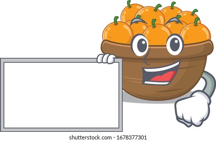 Orange fruit basket with board cartoon mascot design style