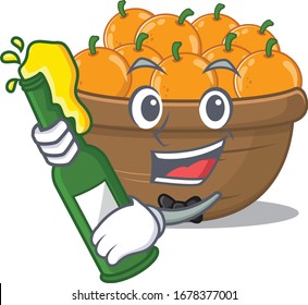 Orange fruit basket with bottle of beer mascot cartoon style