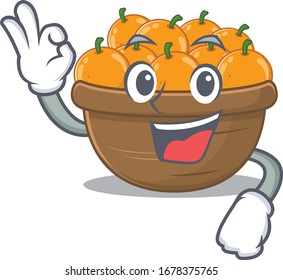 Orange fruit basket cartoon character design style making an Okay gesture