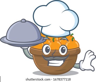 Orange fruit basket as a chef cartoon character with food on tray